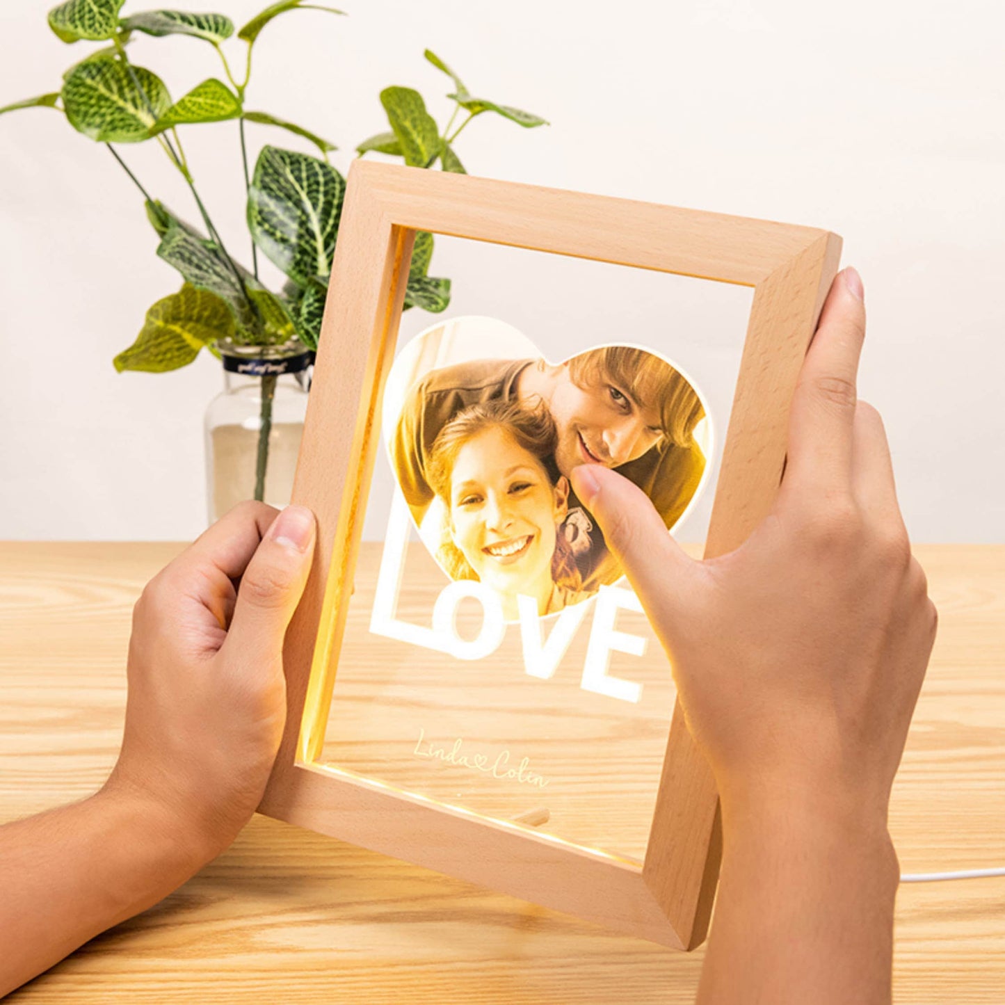 Cadre en Bois avec Lampe LED Personnalisée