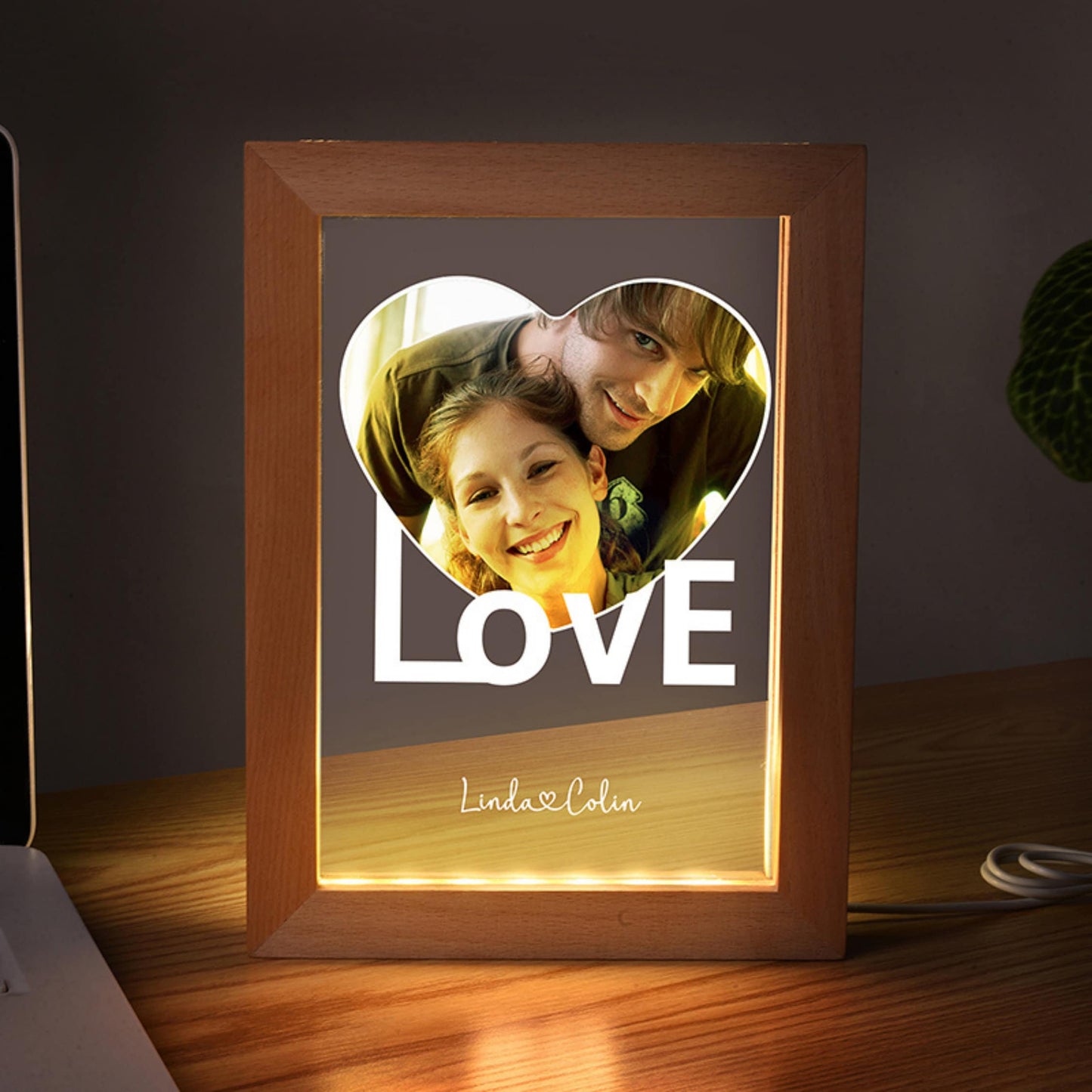Cadre en Bois avec Lampe LED Personnalisée